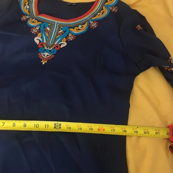 🎉Gorgeous Indian style tunic top navy blue with gorgeous multicolored borders! - Picture 8 of 9